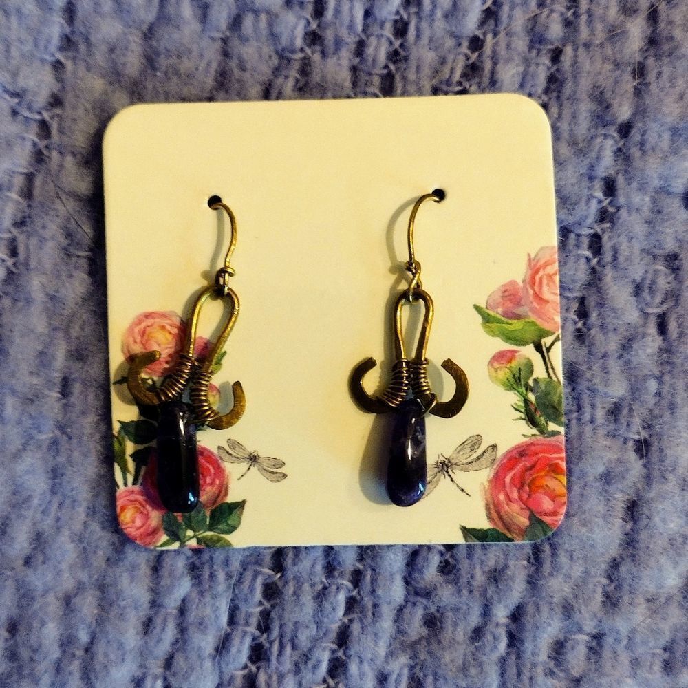 Blue dangle drop earrings gold brass gift wedding ooak bridesmaid Christmas